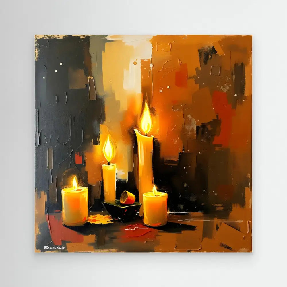 Glowing candles with warm yellow flames against dark tones.