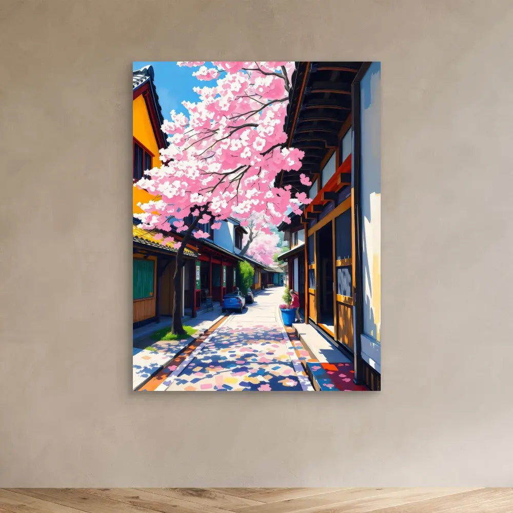 Canvas art print featuring a Japanese street scene with blooming cherry blossoms.