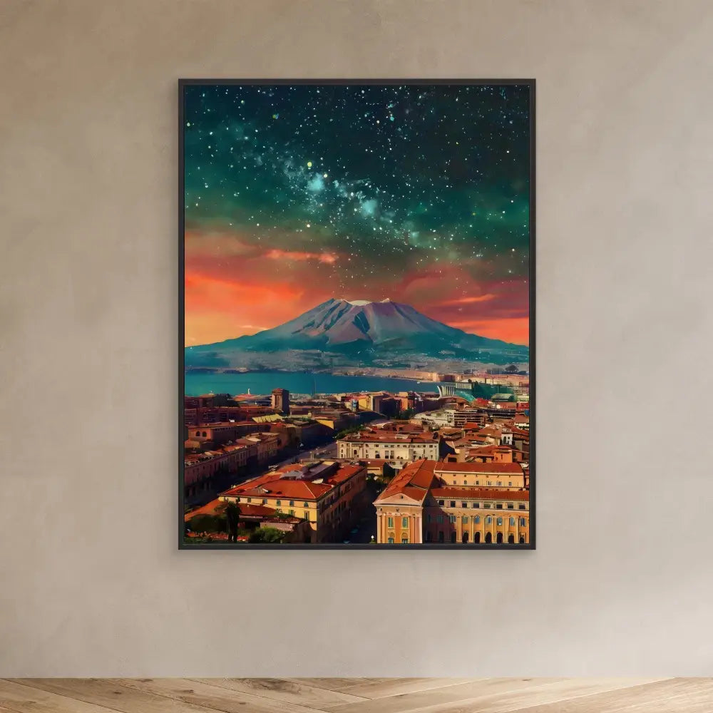 Canvas art print showing Mount Vesuvius towering over Naples at sunset with a starry sky above.