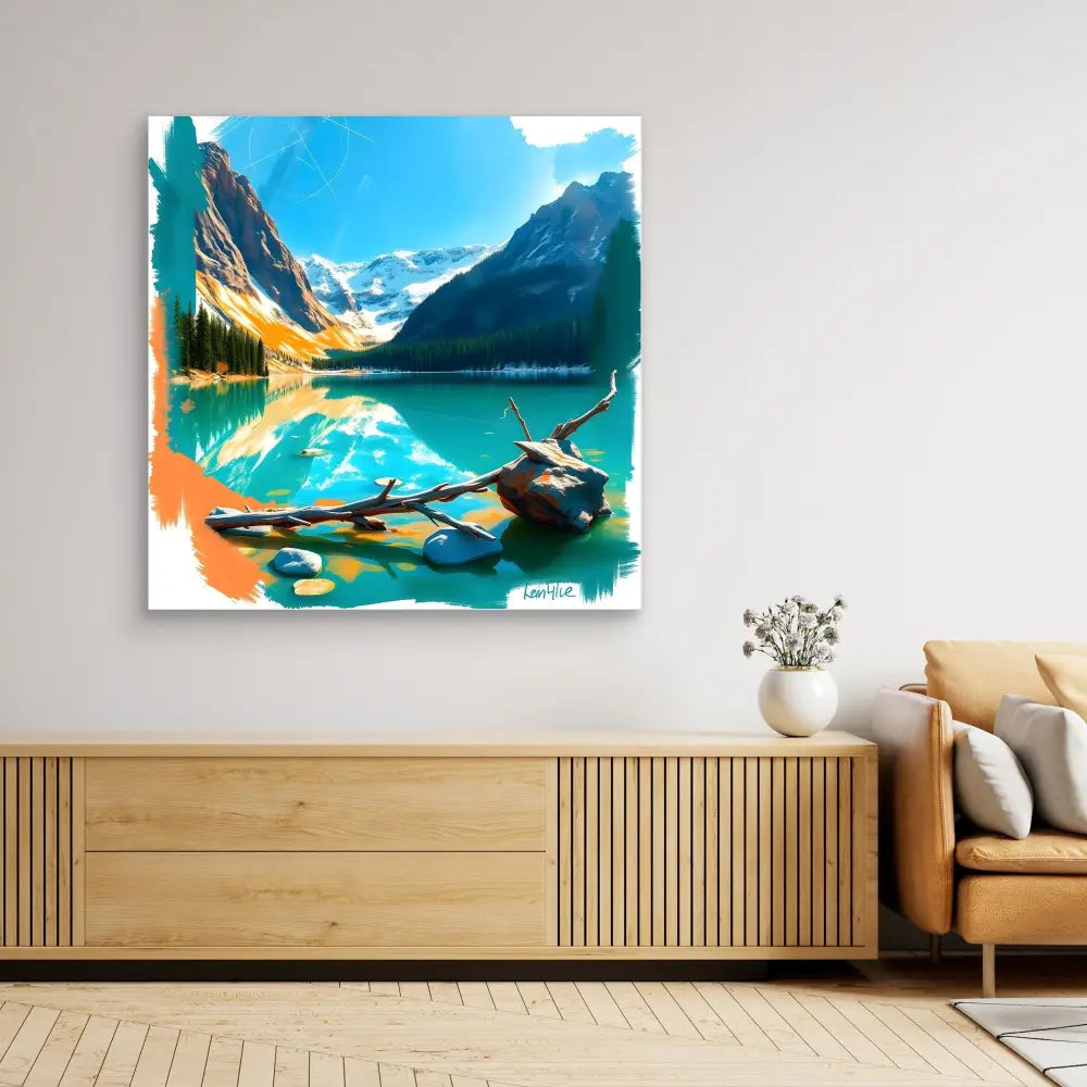 Canvas art print featuring a vibrant mountain lake landscape with turquoise waters and snow-capped peaks.