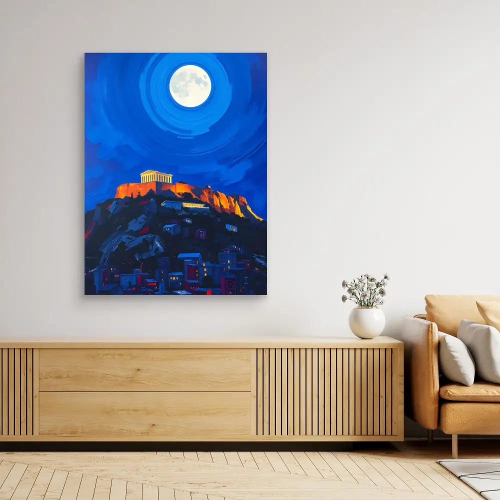 Canvas artwork depicting the Acropolis of Athens under a full moon against a deep blue night sky.