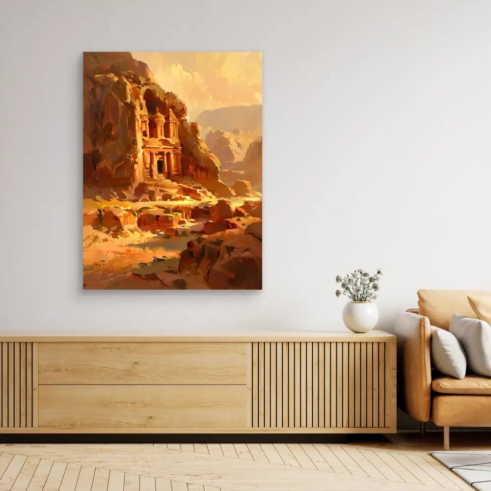 Canvas artwork depicting ancient desert ruins carved into reddish-orange cliffs at sunset.