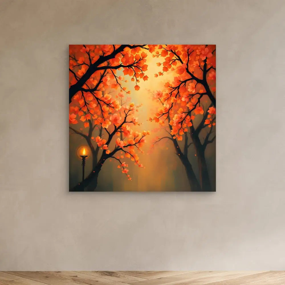 Canvas artwork depicting autumn trees with orange leaves and a glowing lamppost at dusk.