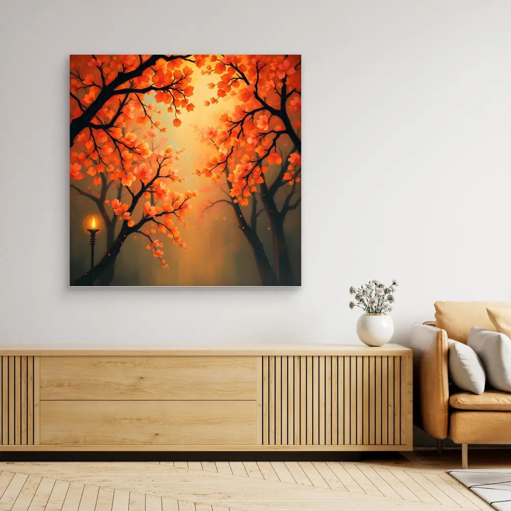 Canvas artwork depicting autumn trees with orange leaves against a misty sunset backdrop.