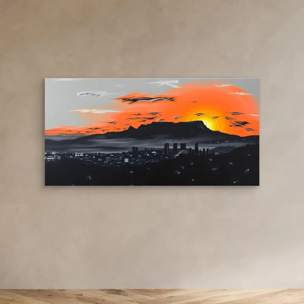 Canvas artwork depicting a cityscape silhouette against a vibrant orange sunset sky.