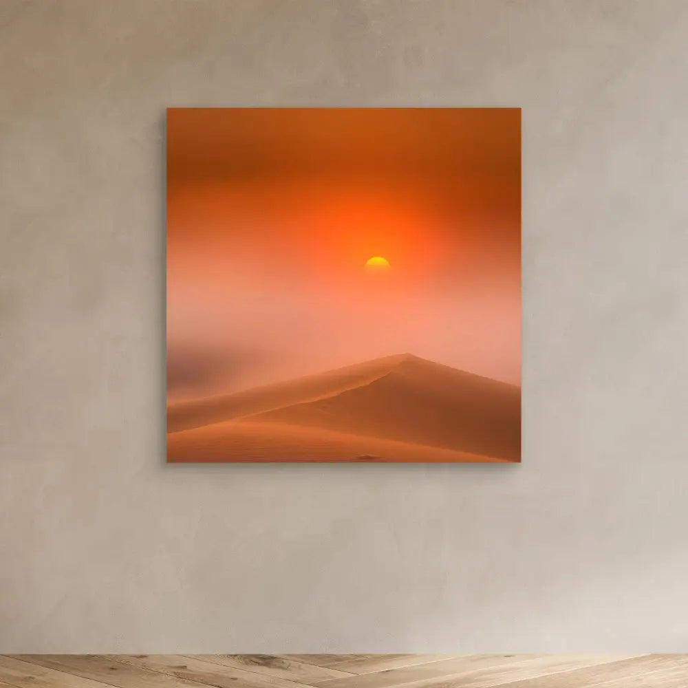 Canvas artwork depicting a desert sunset over sand dunes in orange hues.