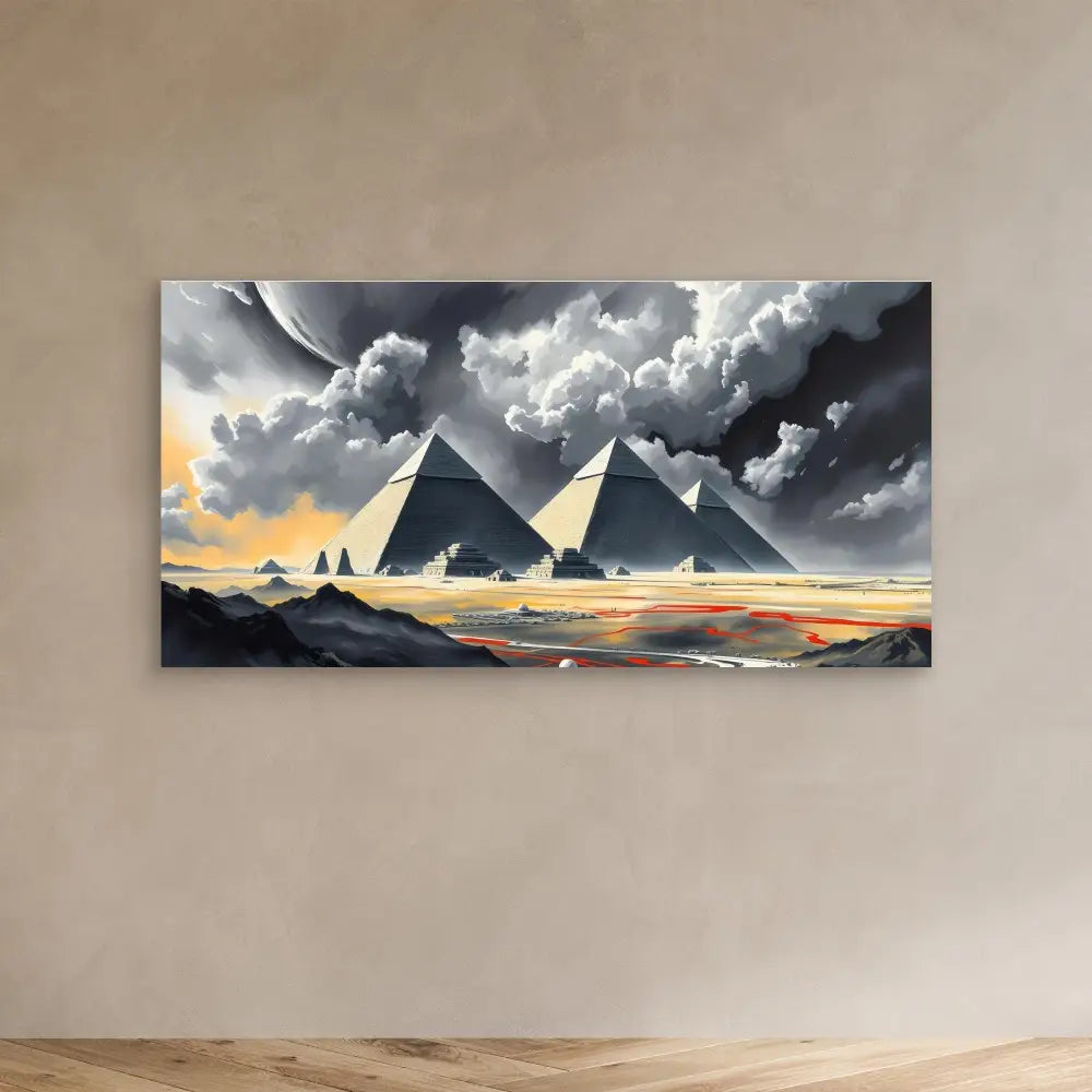 Canvas artwork depicting Egyptian pyramids under dramatic stormy skies.