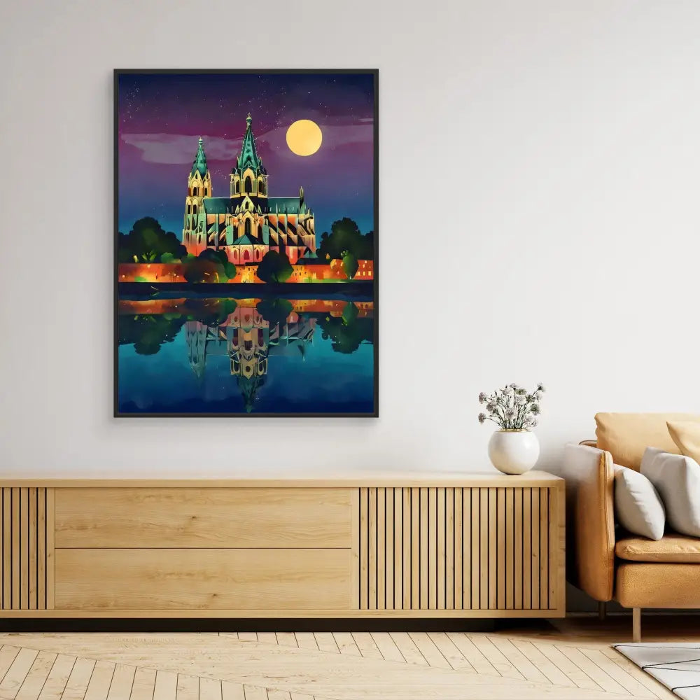 Canvas artwork depicting a Gothic cathedral illuminated at night with its reflection in water below.