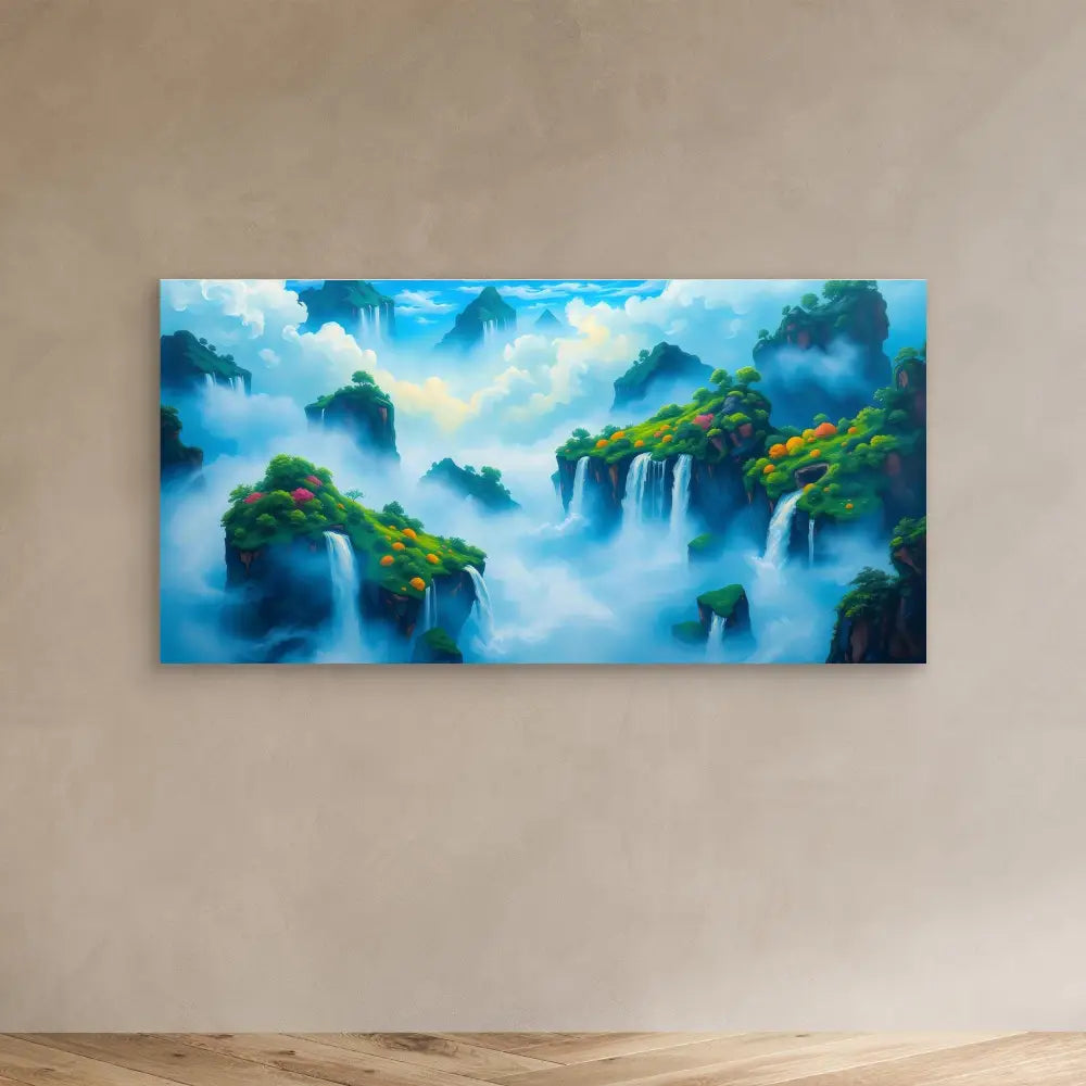 Canvas artwork depicting misty waterfalls cascading through lush mountain peaks.