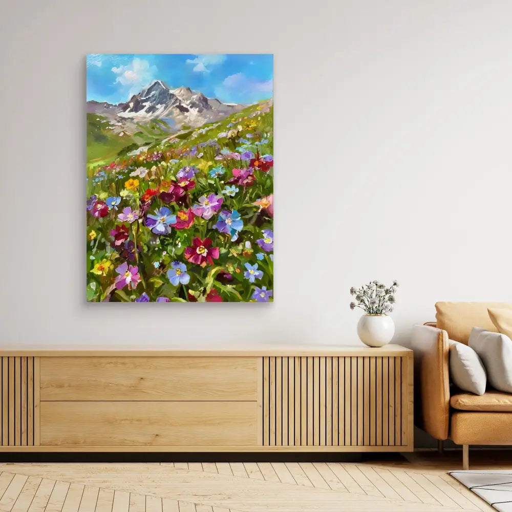 Canvas artwork depicting a mountain meadow filled with colorful wildflowers.