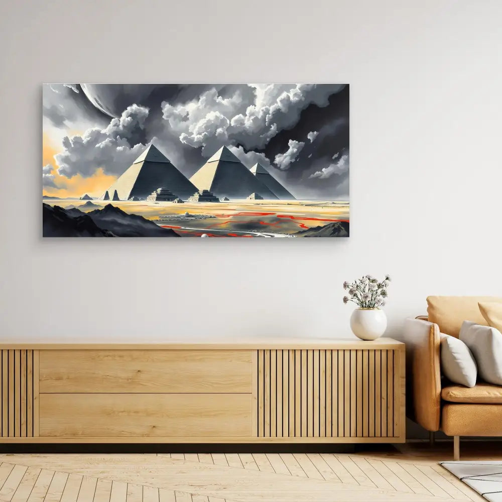 Canvas artwork depicting the pyramids of Giza under dramatic storm clouds.