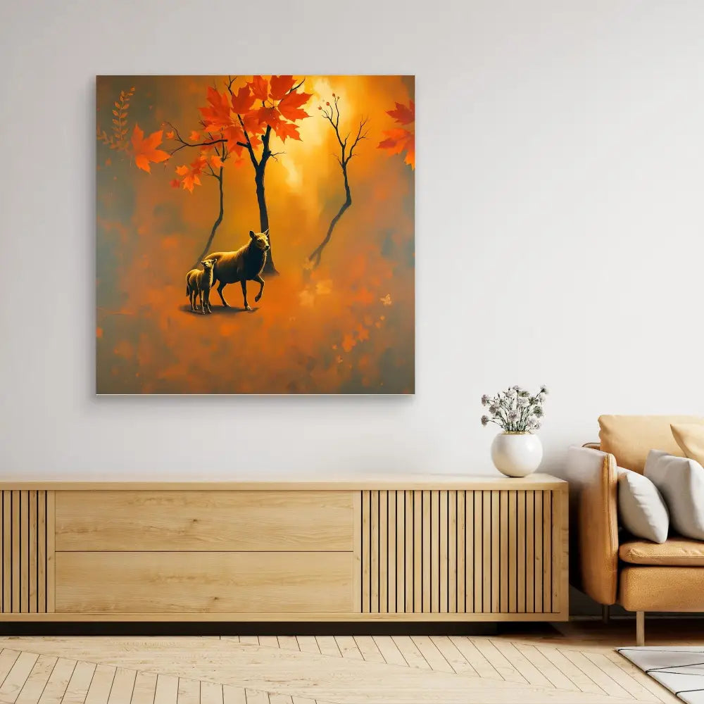 Canvas artwork depicting a silhouetted horse and foal beneath autumn trees.