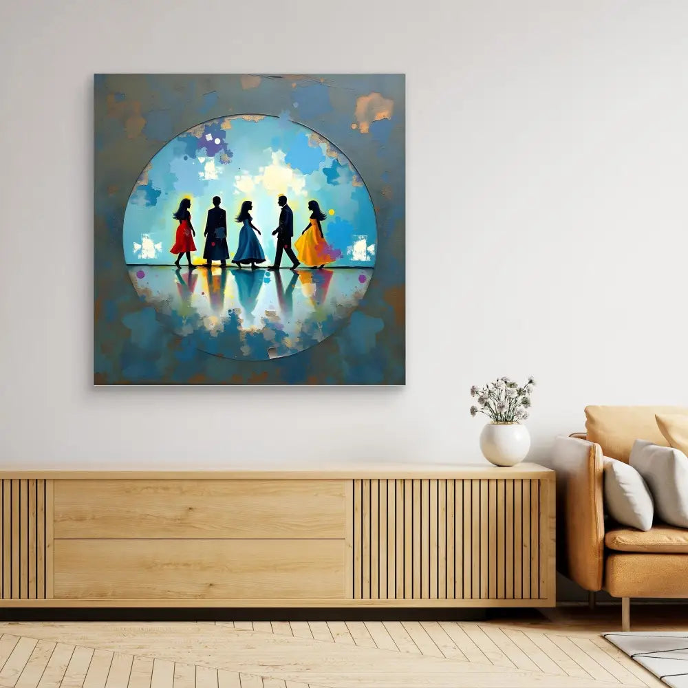 Canvas artwork featuring silhouettes of five people walking against a circular blue backdrop.