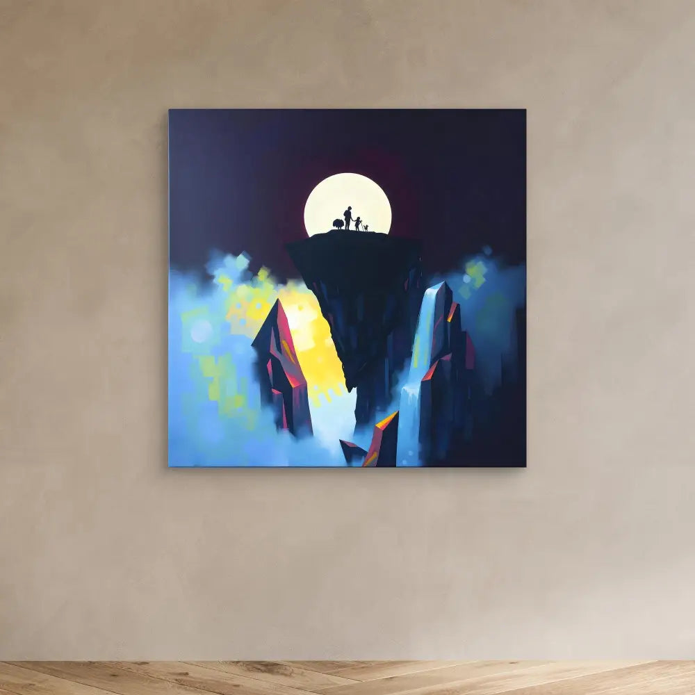 Canvas artwork depicting silhouettes against a full moon with blue and yellow misty cliffs.