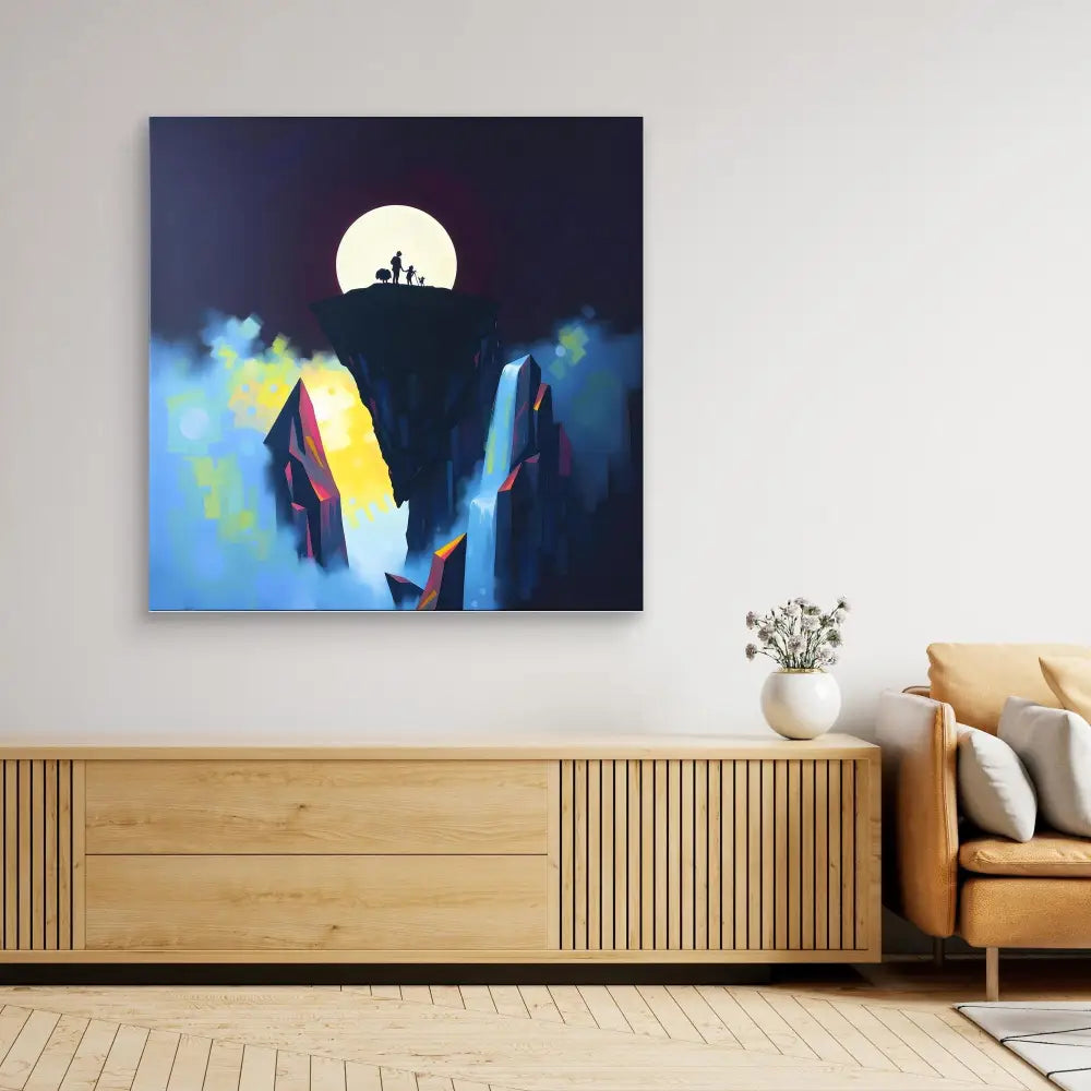 Canvas artwork depicting silhouettes against a full moon with colorful waterfall-like elements.