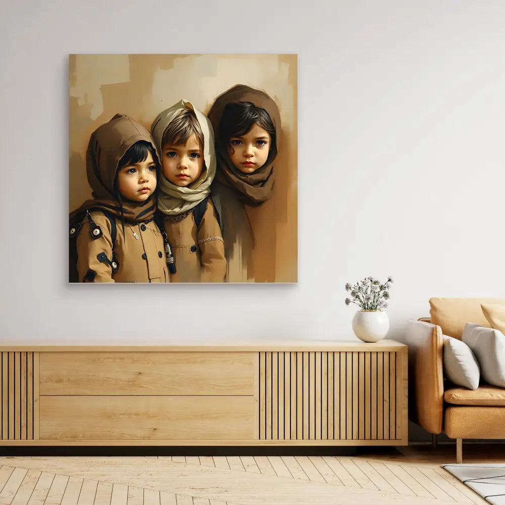 A canvas artwork depicting three children wearing headscarves and brown clothing.