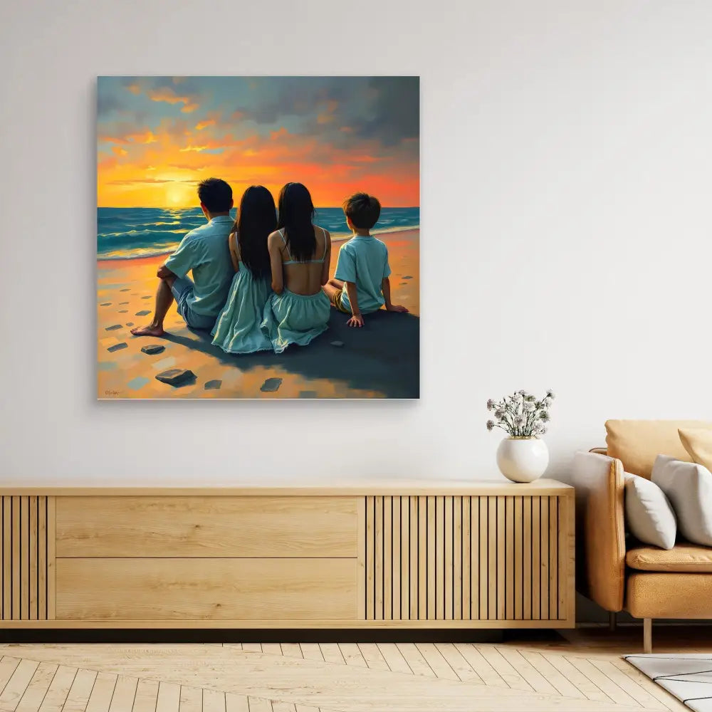 A canvas painting showing four people sitting together on a beach at sunset.