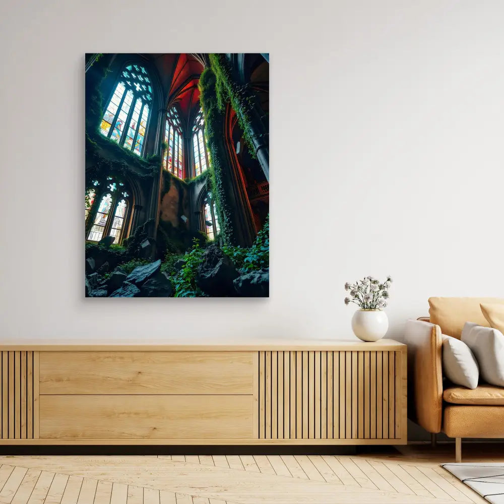 A canvas print showing an abandoned church interior with stained glass windows and overgrown vegetation.