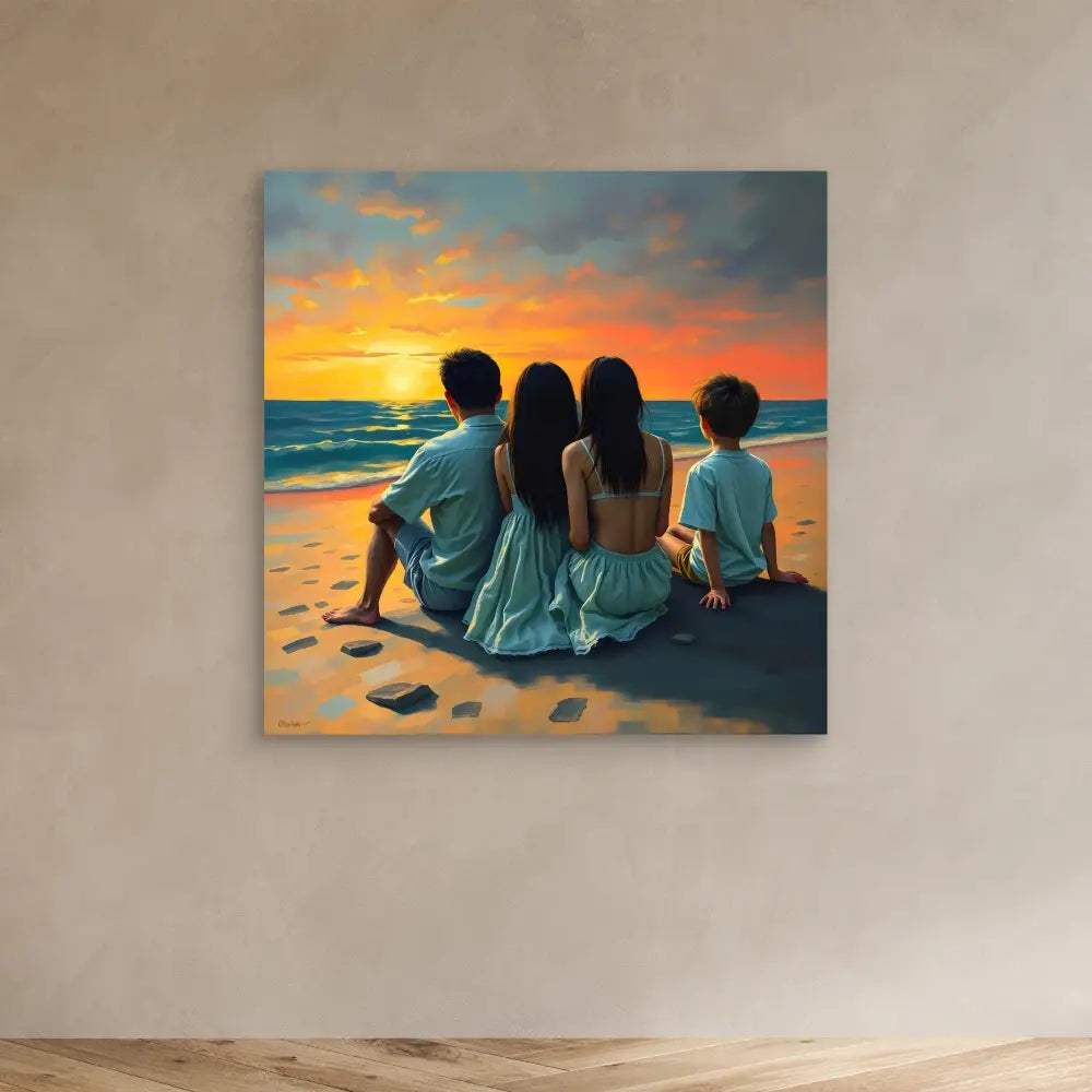 A canvas print showing four people sitting together on a beach at sunset.