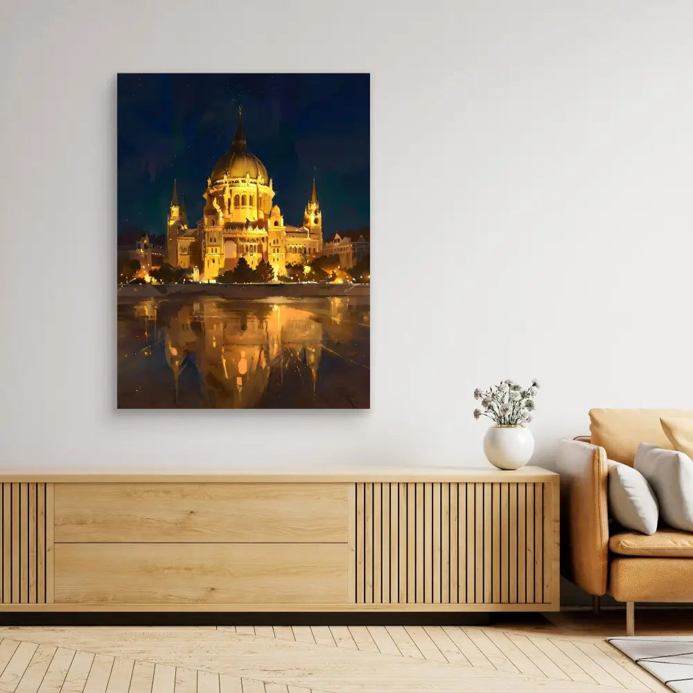 Canvas print showing an illuminated golden temple reflecting in water at night.