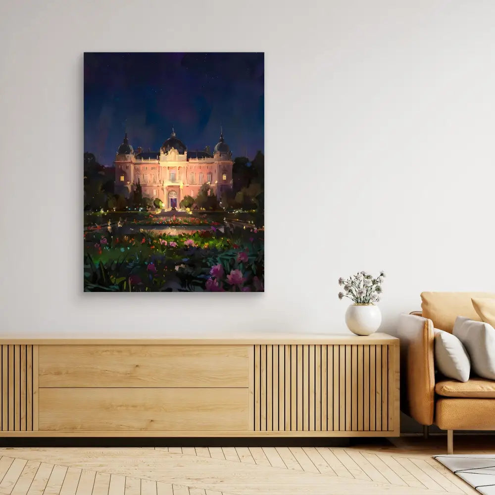 Canvas print of an illuminated grand palace or mansion at dusk with gardens in the foreground.