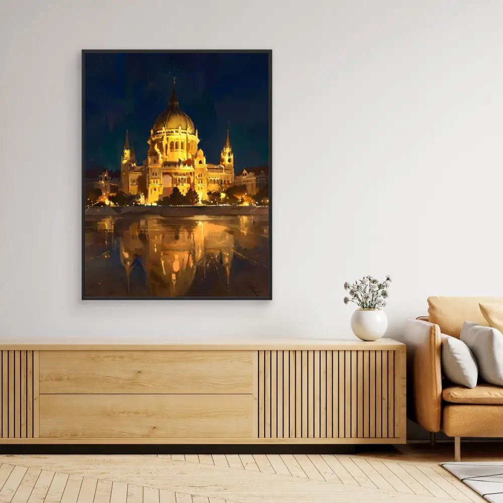 Canvas print of an illuminated palace or temple with golden domes reflecting in water at night.