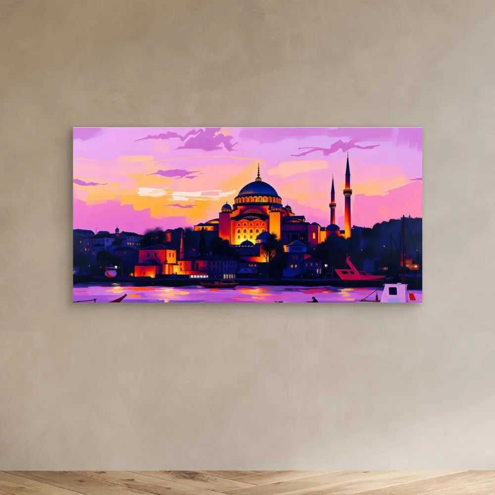 Canvas print showing Istanbul’s Hagia Sophia mosque at sunset with vibrant purple and orange sky.