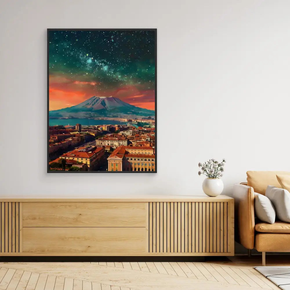 A canvas print showing Mount Vesuvius and Naples under a starry night sky.