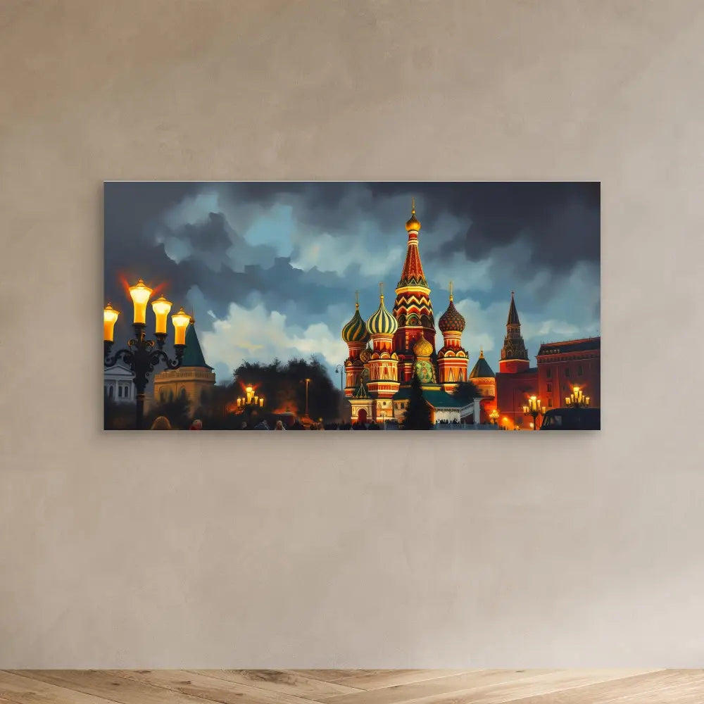 Canvas print showing Saint Basil’s Cathedral illuminated at night in Moscow’s Red Square.