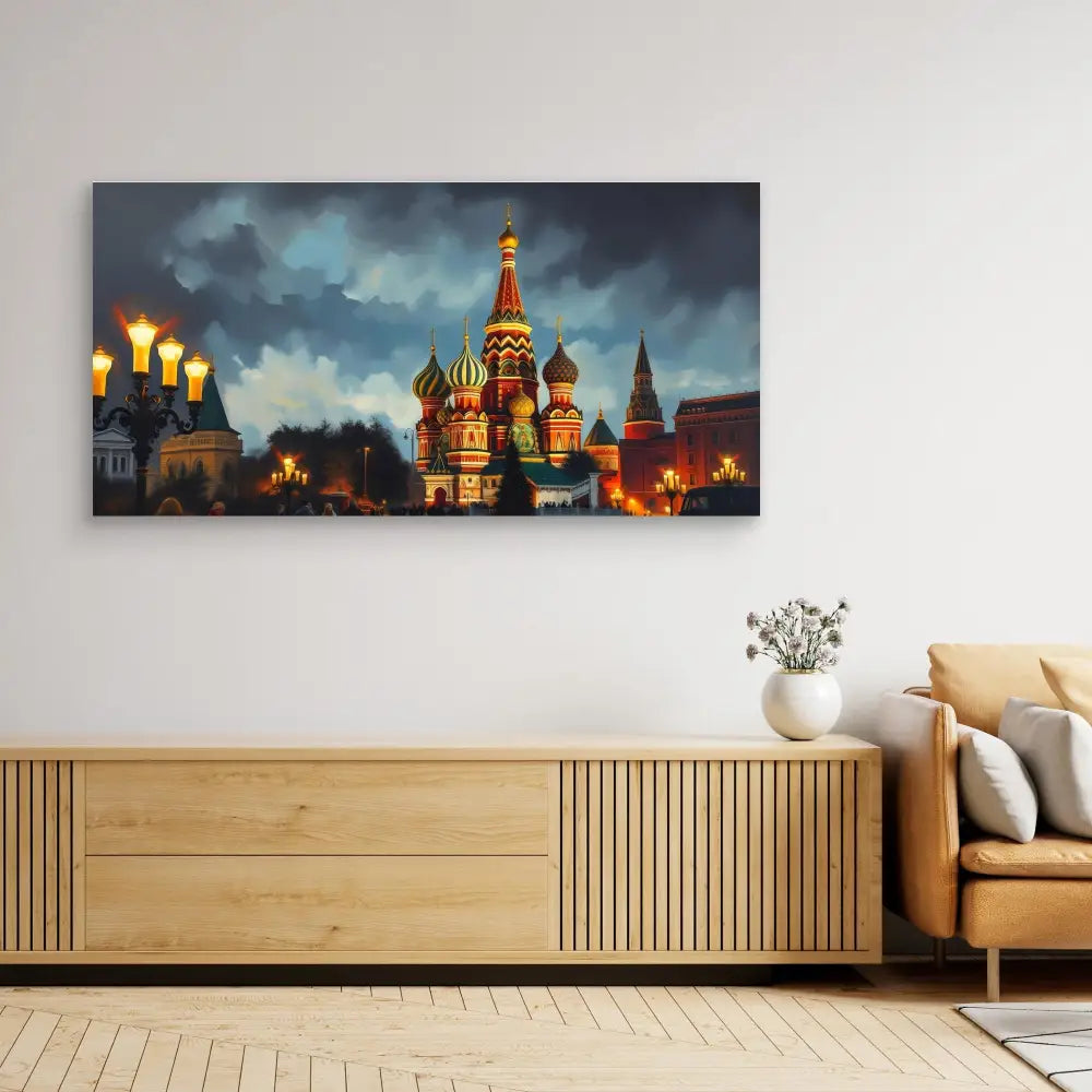 Canvas print of Saint Basil’s Cathedral in Moscow illuminated at night against stormy skies.