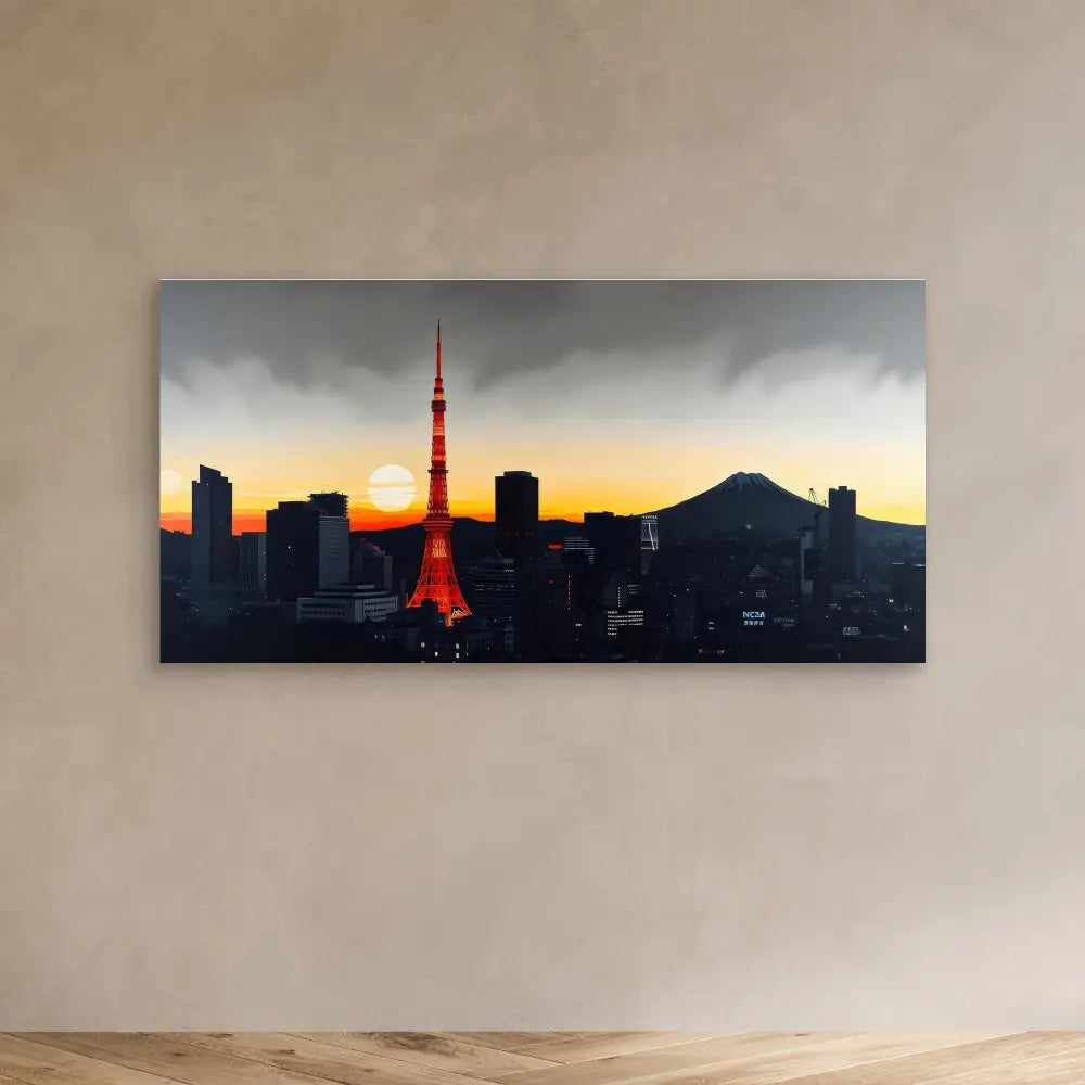 Canvas print showing Tokyo’s skyline at sunset with Tokyo Tower illuminated in red.