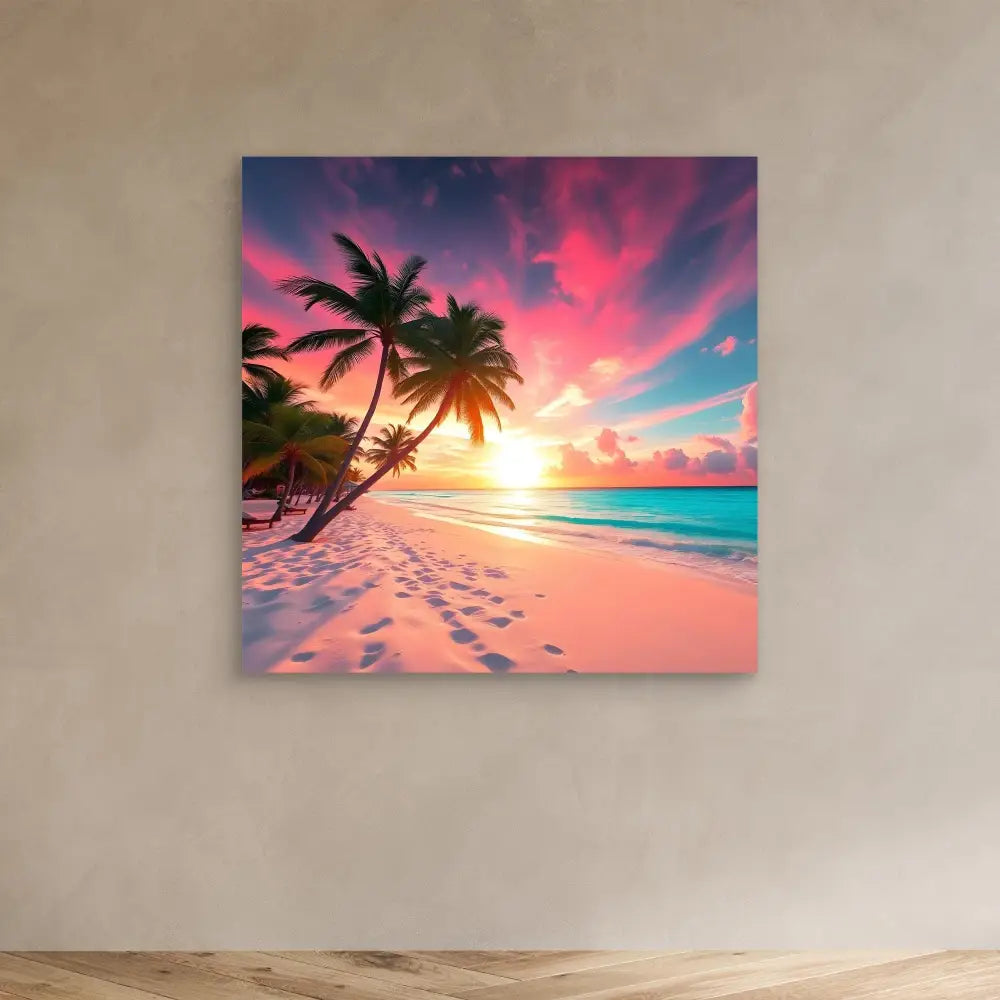 Canvas print featuring a tropical beach sunset with palm trees and footprints in pink sand.