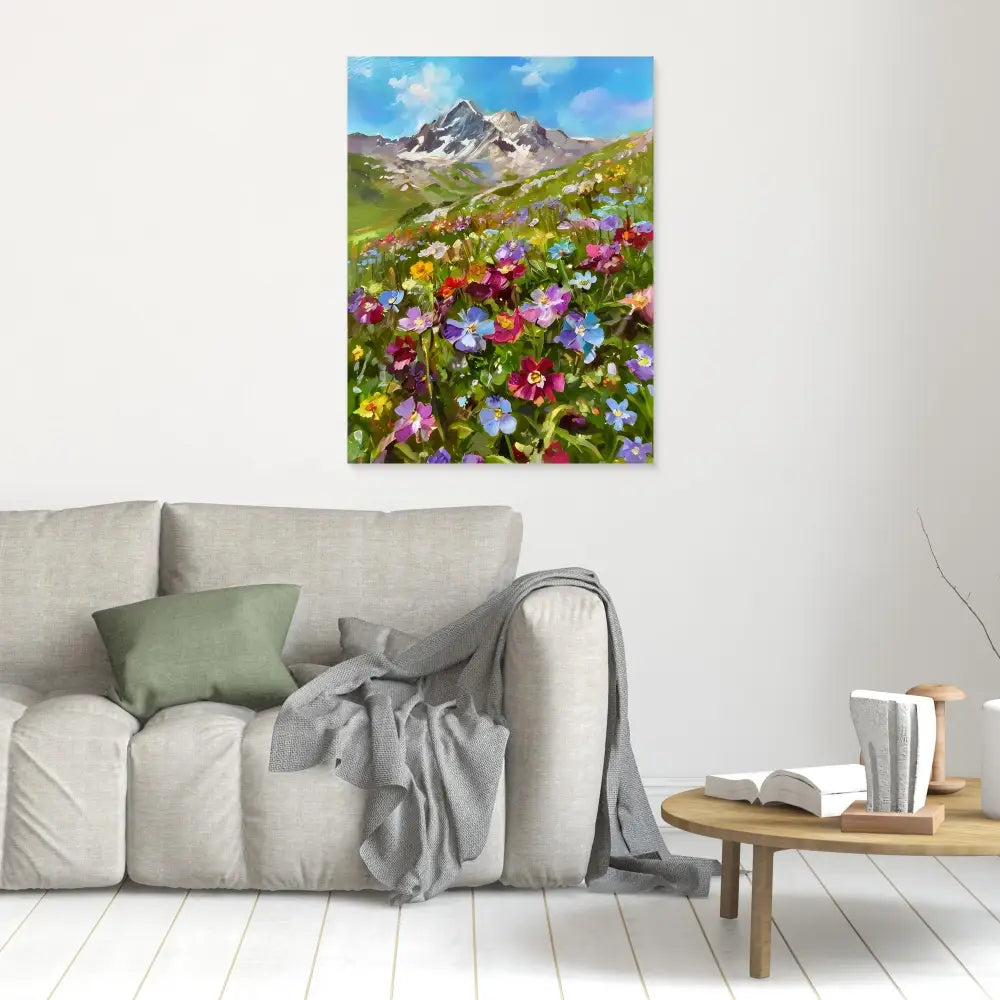 Canvas print featuring vibrant wildflowers blooming beneath a mountain peak.