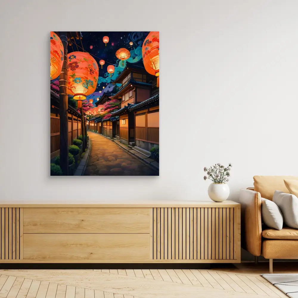 Canvas wall art featuring a nighttime Japanese street scene with glowing lanterns and traditional architecture.