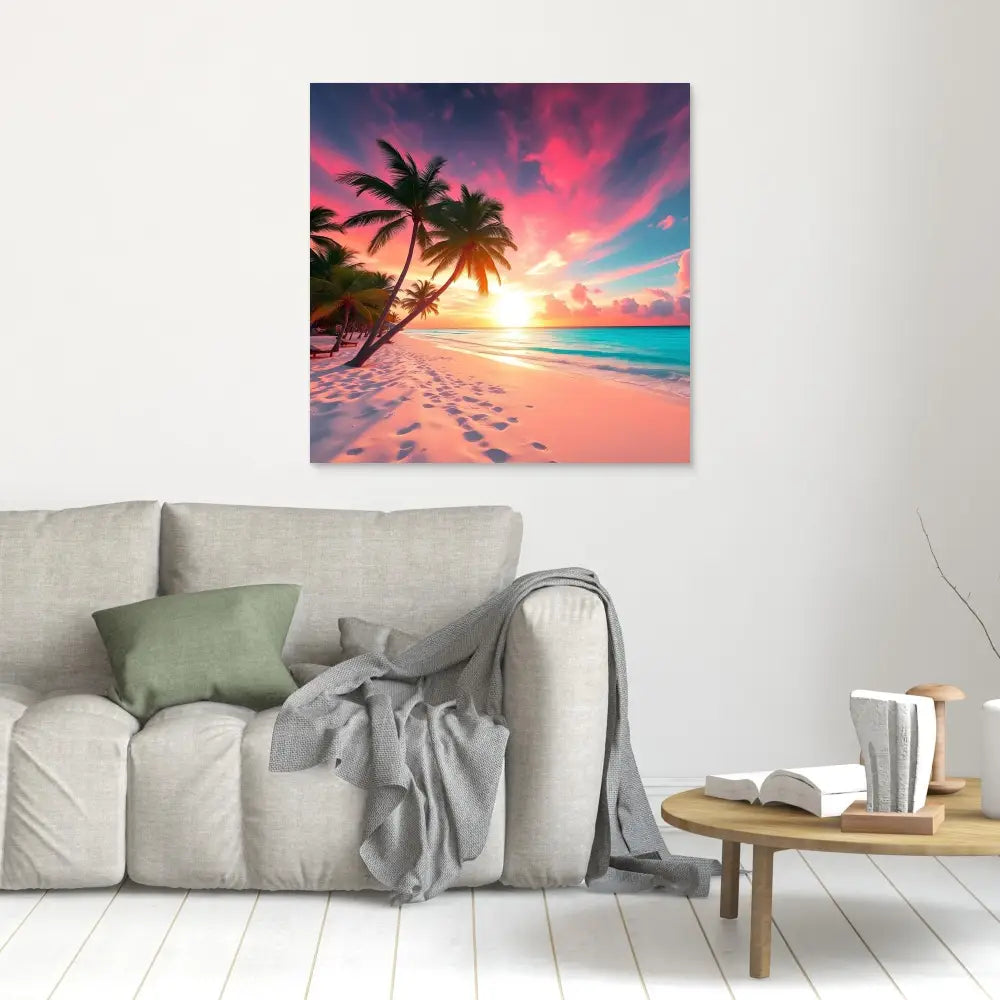 Canvas wall art featuring a tropical beach sunset with palm trees and pink-orange sky.