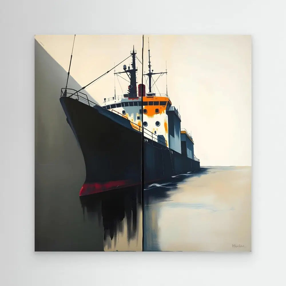 Cargo ship with a black hull, white superstructure, and orange accents reflected in calm water.