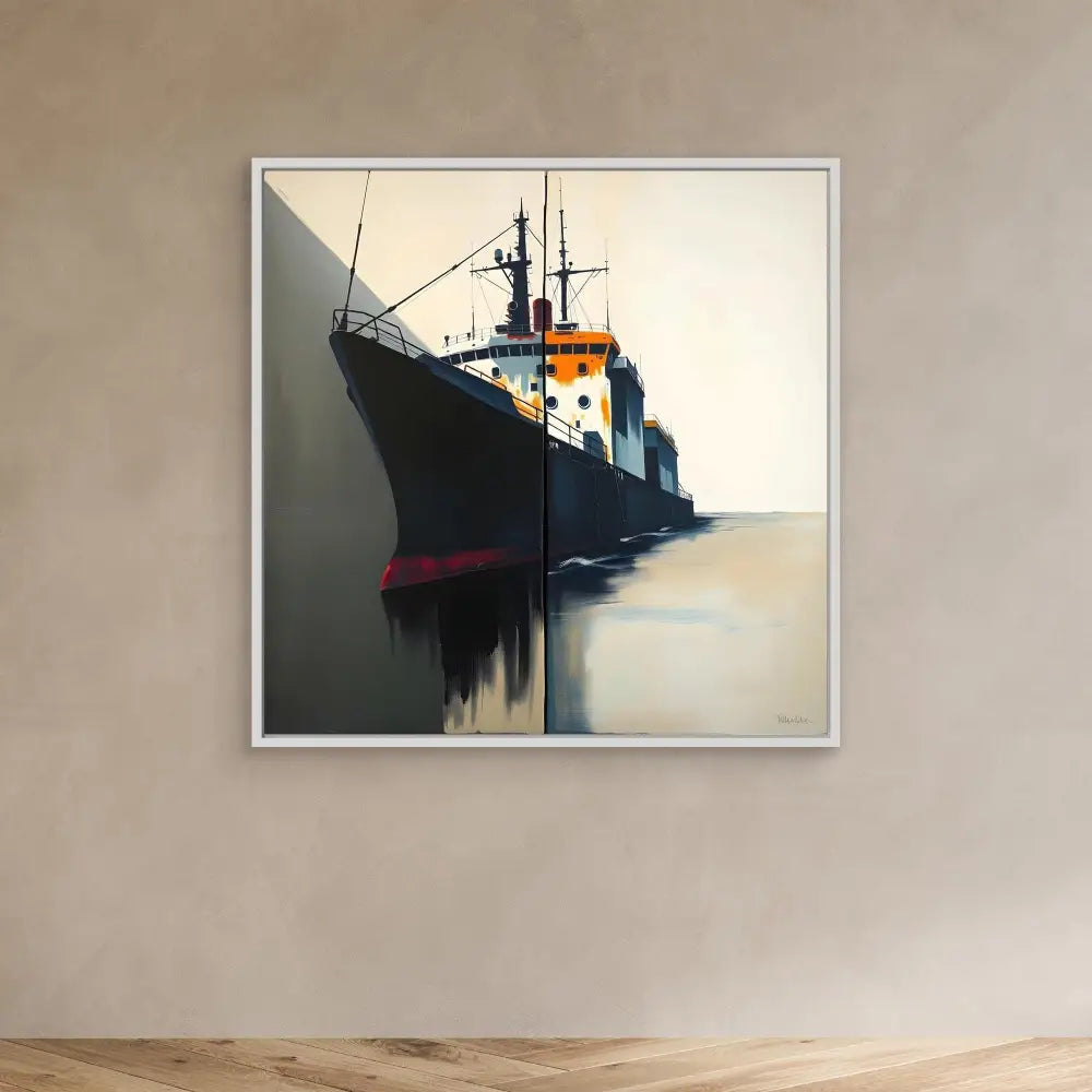 Cargo ship with a dark hull and orange superstructure reflected in calm water.