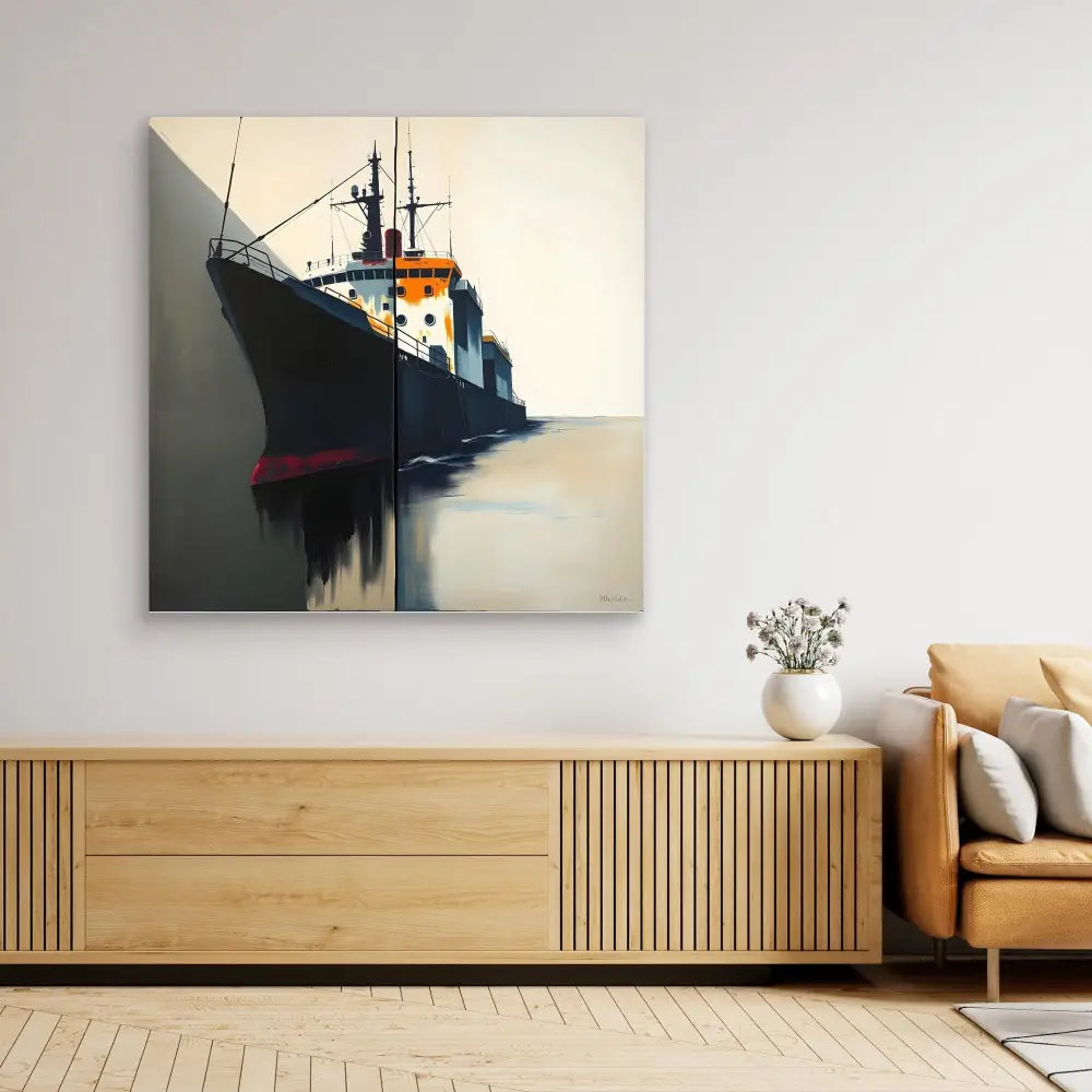 A cargo ship with an orange and black hull reflecting in calm water.