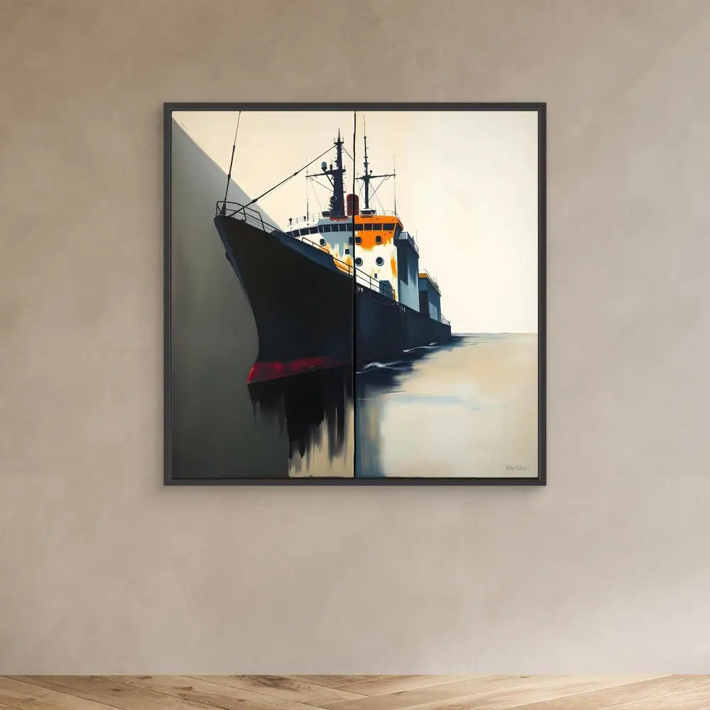 A cargo ship with orange and blue markings reflected in calm water.