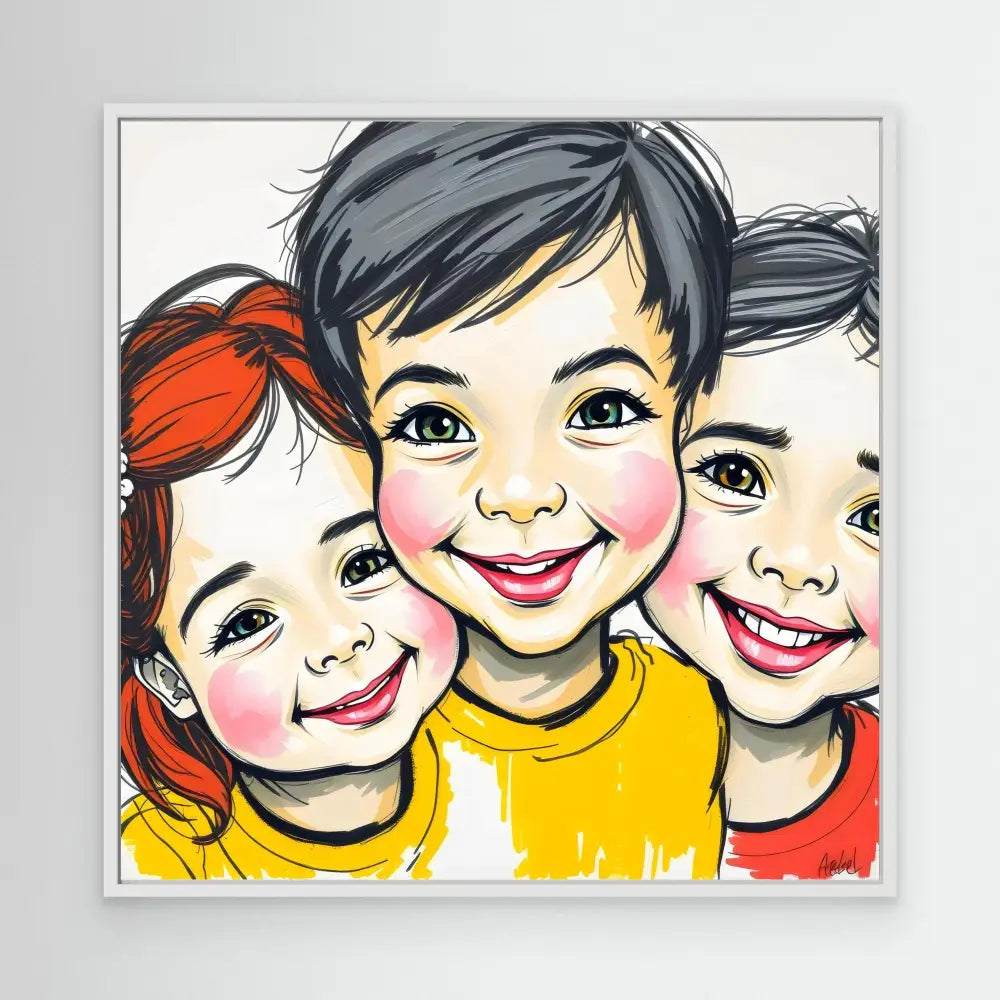 Cartoon illustration of three smiling children wearing yellow and red shirts.