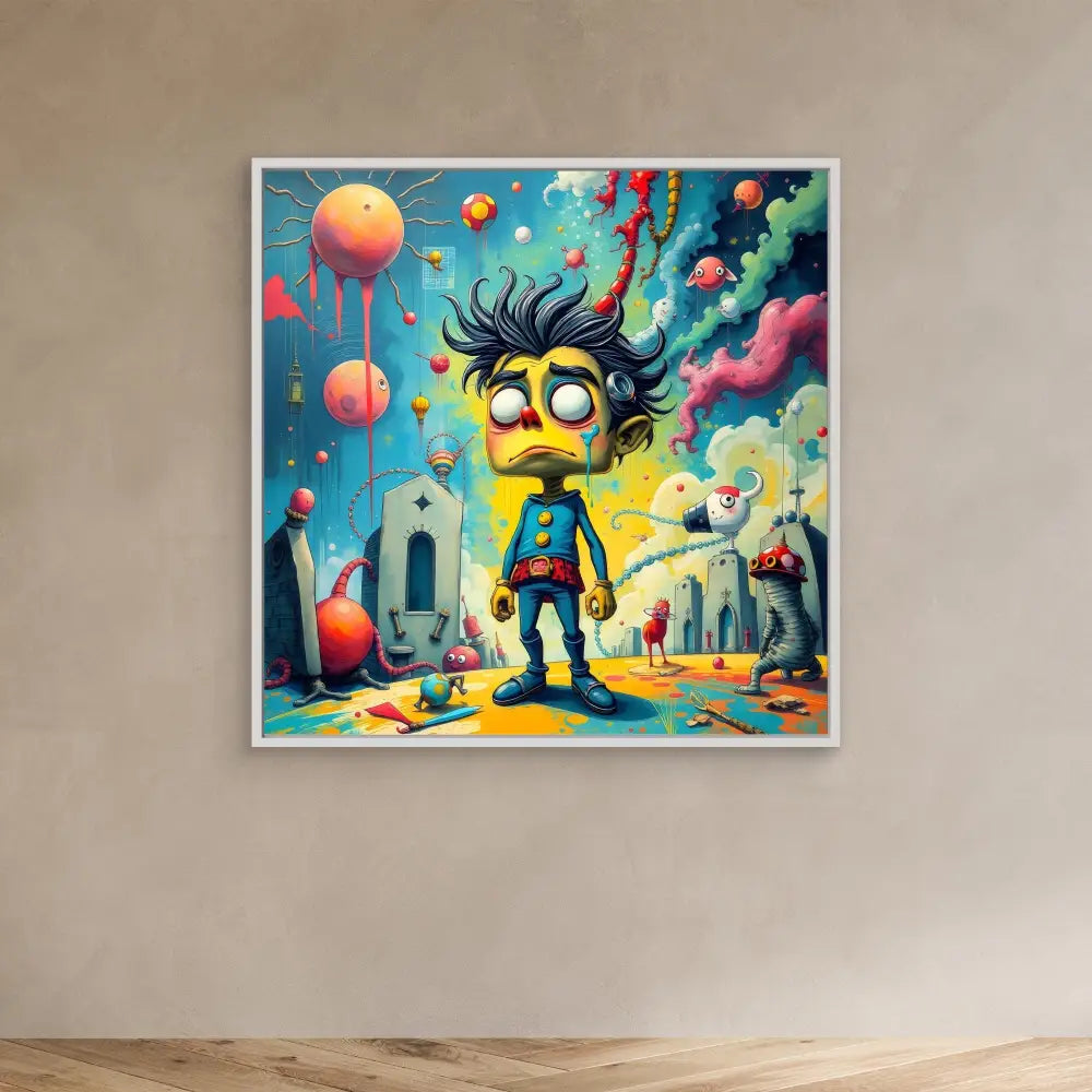 A cartoon Minion character with messy black hair wearing a blue outfit stands amid colorful chaos.