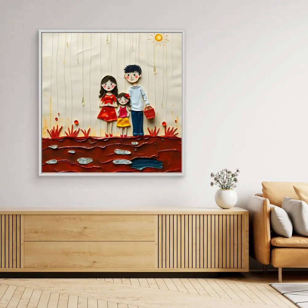 A cartoon-style artwork depicting two children holding hands among red flowers.