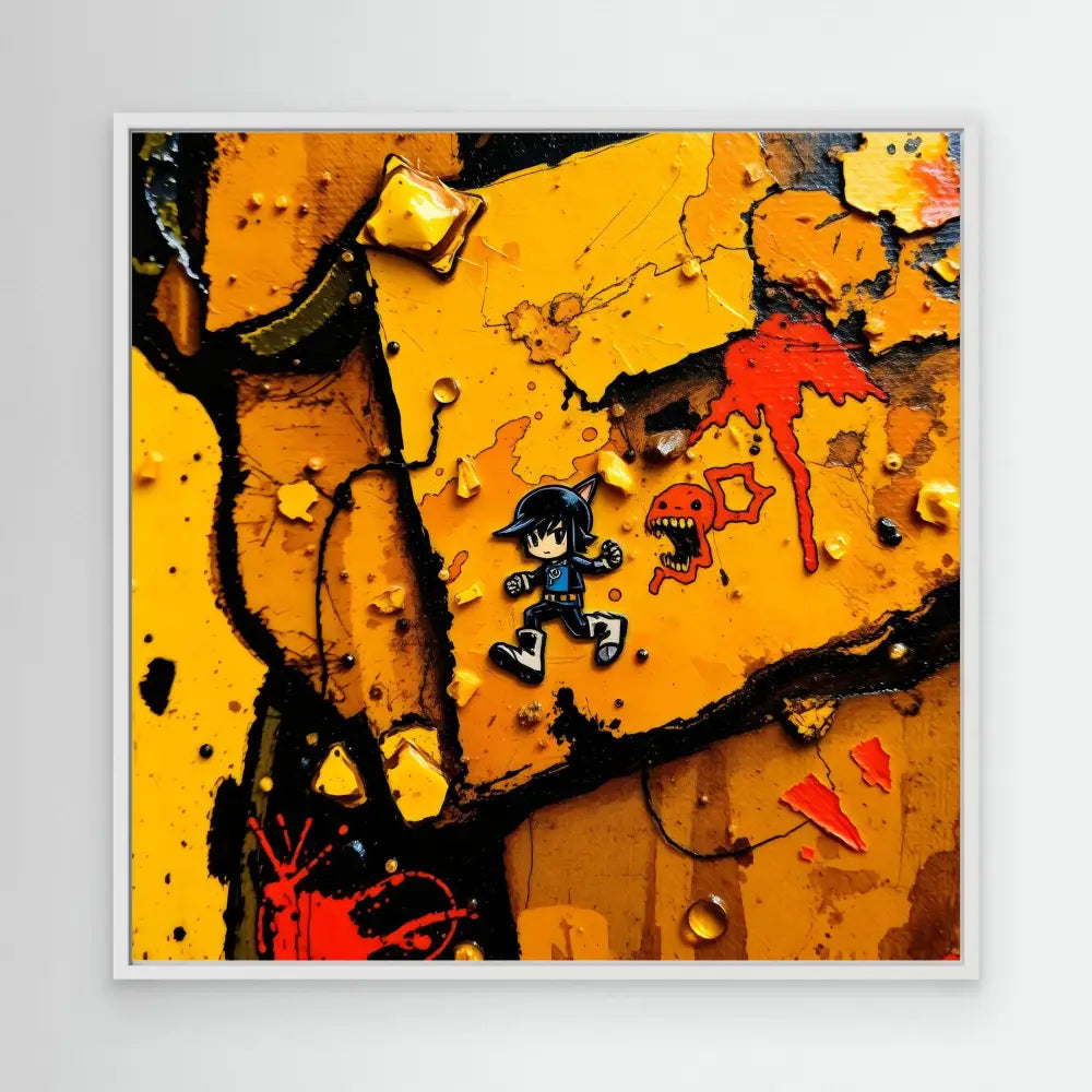 Cartoon-style characters running across a vibrant yellow and orange abstract surface.