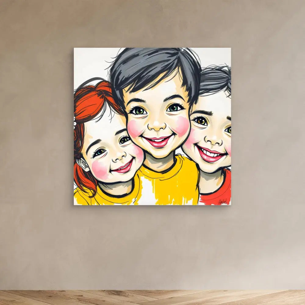 Cartoon-style illustration of three smiling children wearing yellow and red shirts.