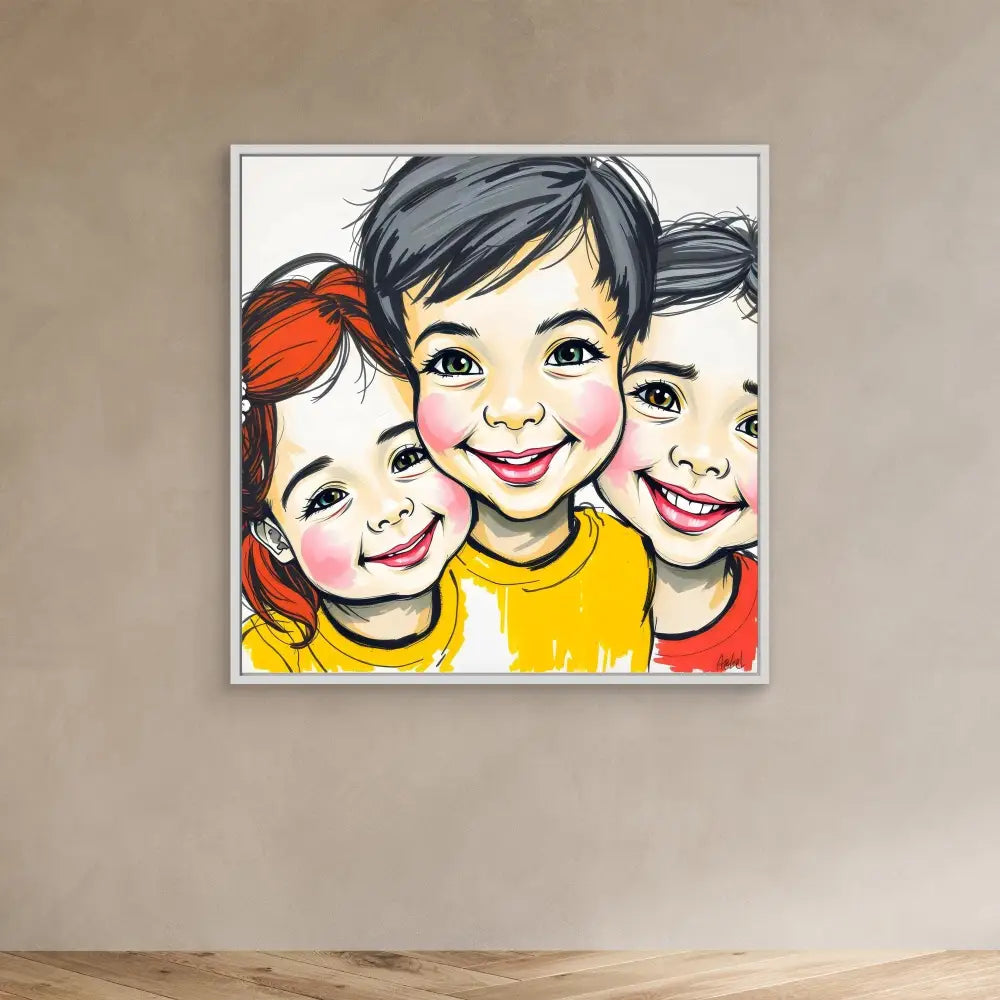 A cartoon-style illustration of three smiling children wearing yellow and red shirts.