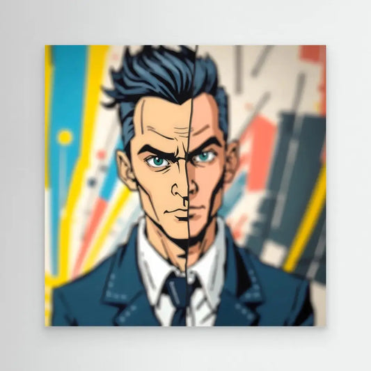 Cartoon-style portrait of a stern businessman with spiky dark hair and intense blue eyes wearing a suit and tie.