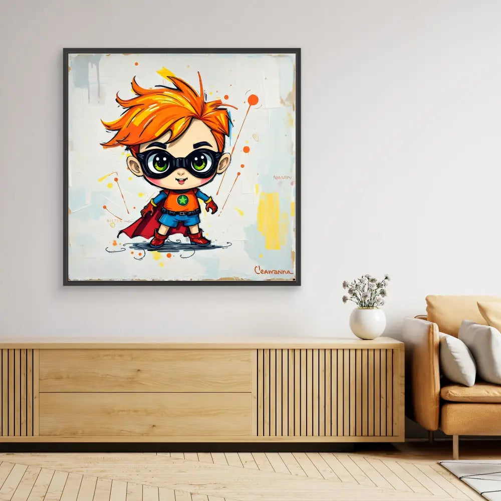 Cartoon-style superhero artwork featuring a spiky orange-haired character in a red cape and mask.