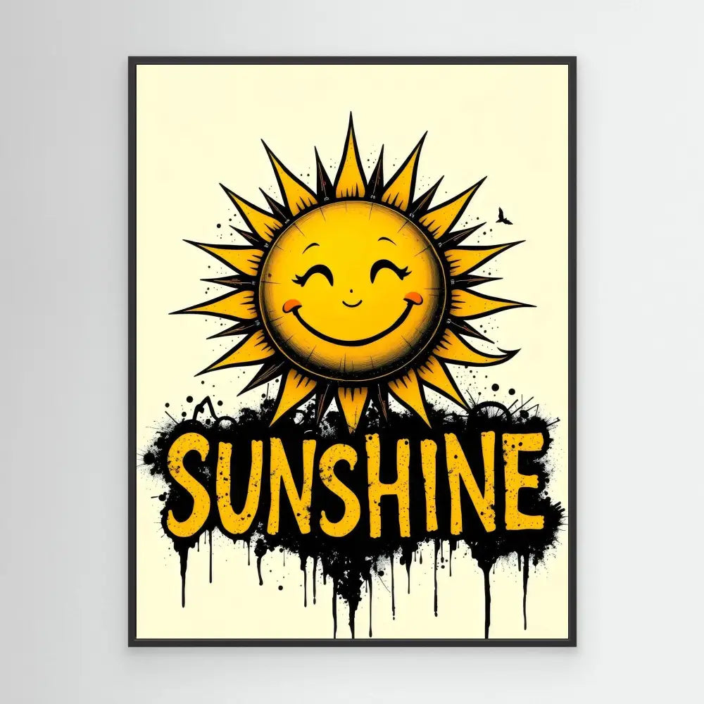 A smiling cartoon sun with spiky rays above dripping black ’SUNSHINE’ text.