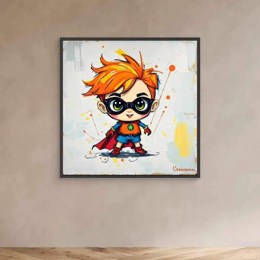 Cartoon superhero character with spiky orange hair, glasses, and a red cape.