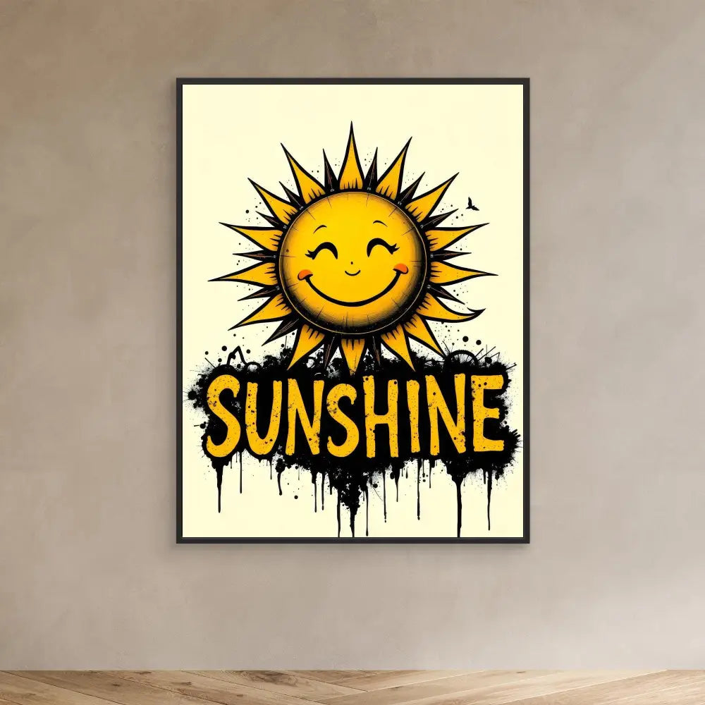 A cheerful yellow sun with spiky rays and ’SUNSHINE’ text dripping below it.